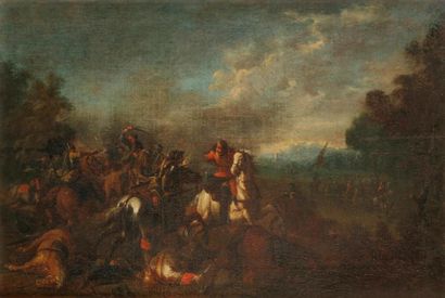 null Attribué à August QUERFURT (1696-1761)
Choc de cavalerie 
Toile 
34 x 51 cm
Restaurations...