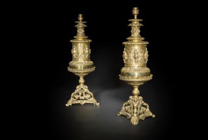 null Paire de pieds de lampe en bronze et laiton doré dans le goût de la Renaissance,...