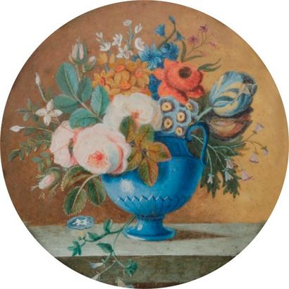 null Bouquet de fleurs (roses, tulipe, narcisses, bleuets etc.) dans une urne bleue,...