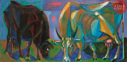 null Michel PATRIX (1917-1973)
Vaches
Huile sur toile.
Non signée.
65 x 130 cm