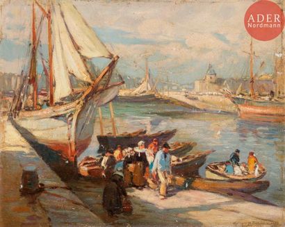 null Henri BARNOIN (1882-1935)
Le Retour de la pêche
Huile sur panneau.
Signée et...
