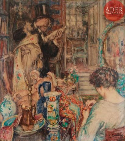 null Albert GEUDENS (1869-1949)
Scène d’intérieur de brocanteur
Aquarelle et crayon.
Signée...