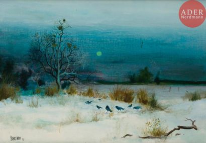 null André BERTRAN (1929-2003)
Paysage de neige sous la lune, 1972
Huile sur toile.
Signée...