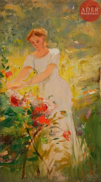  Albert LYNCH (1851-1912)
Femme au jardin
Huile sur panneau.
Signée au dos.
16 x... Gazette Drouot