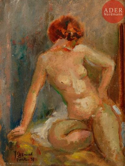 null Jeanne BESNARD-FORTIN (1892-1978)
Nu assis, 1937
Huile sur carton.
Signée et...