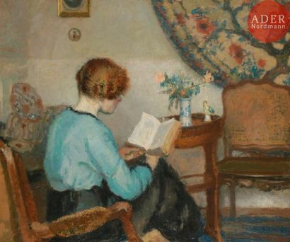 null Paul de CASTRO (1882-1939)
Femme lisant dans un intérieur
Huile sur toile.
Signée...