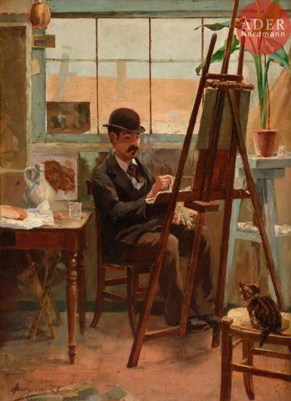 null Adolphe CRESPIN (1859-1944)
Autoportrait dans son atelier
Huile sur toile.
Signée...