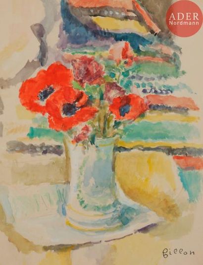 null Arthur FILLON (1900-1974)
Vase de fleurs - Corbeille de fruits - Paris
3 aquarelles.
Signées.
23...