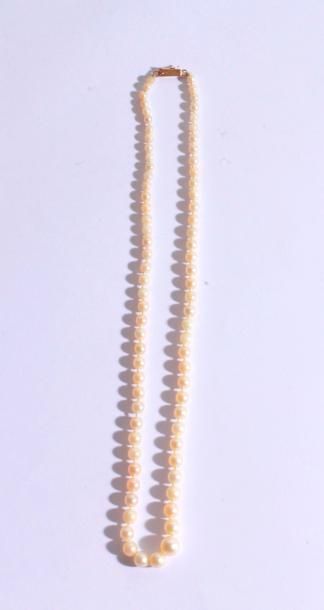 null Collier de perles de culture en chute, fermoir en or jaune 18K (750). Poids...