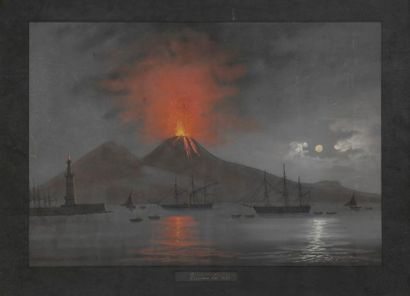 null ÉCOLE NAPOLITAINE
Éruption du Vésuve de nuit
Gouache.
Titrée «Eruzione del 1860».
(Quelques...