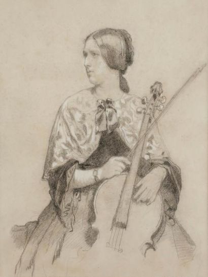 null Louis GALLAIT (1810-1887)
Jeune Femme au violoncelle
Fusain rehauts de craie...
