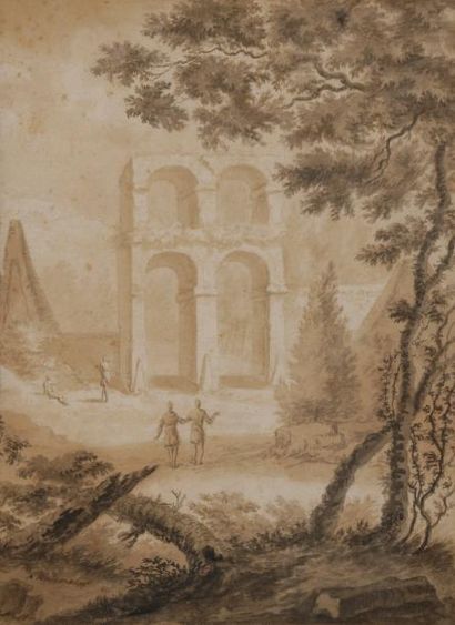 null Attribué à Abraham RADEMAKER
(1675-1735)
Paysage classique animé
Lavis brun...