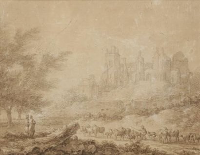 null ÉCOLE FLAMANDE du XVIIIe siècle
Berger et son troupeau devant une ruine
Lavis...