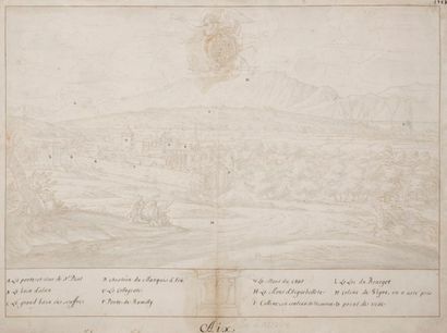 null ÉCOLE FRANÇAISE vers 1700
Vue d’Aix-les-Bains
Plume, encre brune et lavis gris.
Légendée...