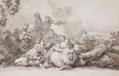 null ENTOURAGE de LOUTHERBOURG
(1740-1812)
Scène pastorale
Lavis gris sur traits...