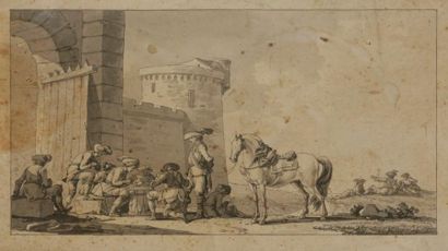 null Jean DUPLESSIS-BERTAUX (1767-1818)
Partie de cartes en plein air au pied d’un...