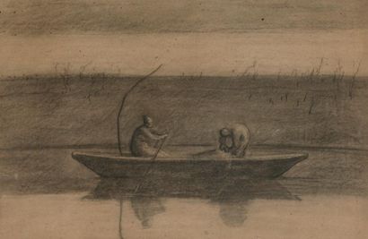 null Suiveur de Jean-François MILLET (1814-1875)
Barques sur la rivière
Crayon noir.
41.5...