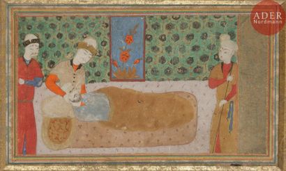 null Visite d’un malade, Iran, Boukhara, fin XVe siècle
Gouache sur papier montée...