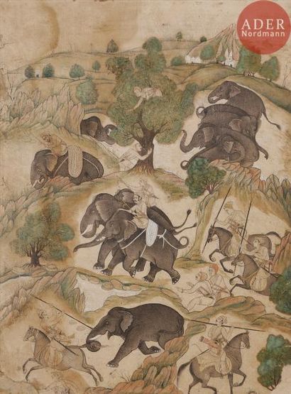 null Scène de capture d’éléphants, Inde moghole, XIXe siècle
Dessin rehaussé présentant...