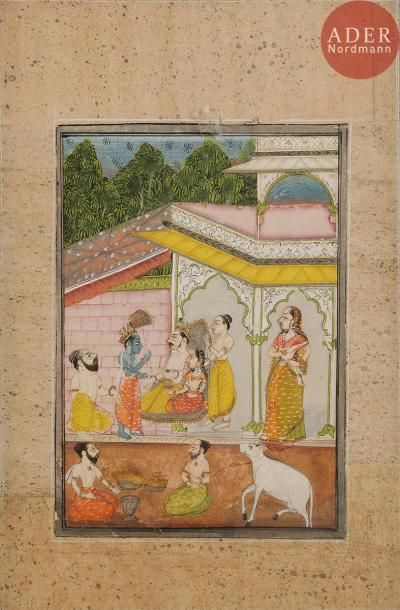 null Krishna rend visite à un roi, Rajasthan, XIXe siècle
Gouache à marges rosées...
