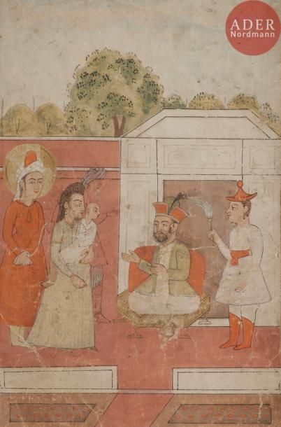 null Scène de cour, Cachemire, XIXe siècle 
Gouache sur papier, illustrant un épisode...