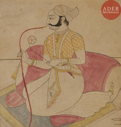 null Raja fumant le huqqa, Inde, Rajasthan, XIXe siècle
Dessin sur papier rehaussé...