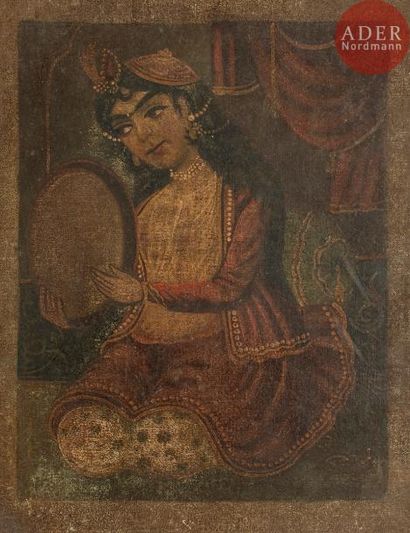 null Joueuse de Daf, Iran qâjâr, début XXe siècle 
Petite peinture sur toile. Dans...
