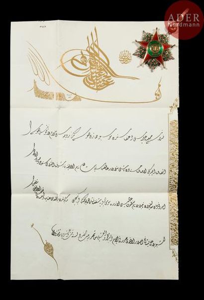 null Décoration et Firman ottoman du Sultan Abdul Hamid II (r. 1876-1909), de l’Ordre...