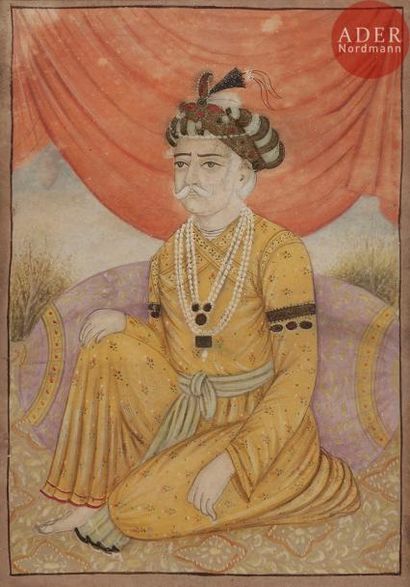 null Portrait de l’empereur Akbar, Inde du Nord, style moghol, fin XIXe siècle 
Gouache,...