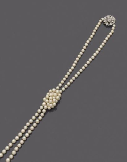 null Sautoir de perles de culture en chute, fermoir « fleur » en or gris 18K (750...