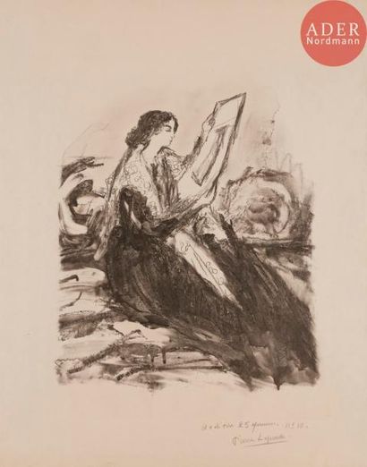Pierre LAPRADE PierreLAPRADE
 Femme regardant une estampe. Vers 1920. Lithographie....
