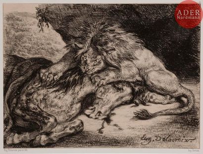 Eugène DELACROIX Eugène DELACROIX
 Lion dévorant un cheval. 1844. Lithographie. 169 x 236....