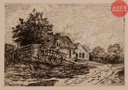 Henri HARPIGNIES Henri HARPIGNIES
 Charrette devant une ferme (dans l’Allier). 1874....