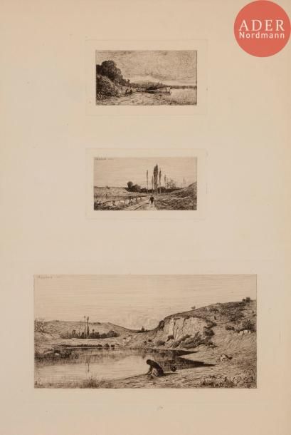 Adolphe APPIAN Adolphe APPIAN
 Trois sujets : Chaland au bord d’une rivière. 1865 ;...