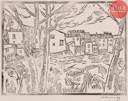 MAURICE DE VLAMINCK Maurice de VLAMINCK
 Maisons à Martigues. 1914. Bois gravé. 250 x 335....