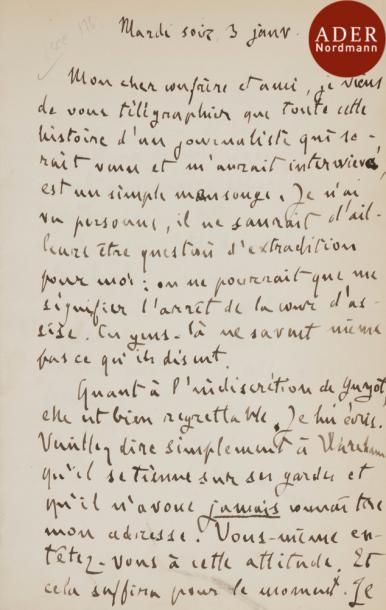 null [AFFAIRE DREYFUS]
ZOLA Émile (1840-1902)
L.A.S. signée Z, 3 janvier 99, 2 pages...