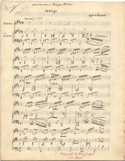 null Sylvio LAZZARI (1857-1944). Manuscrit musical autographe signé, Scherzo pour...