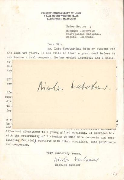 null Nicolas Nabokov (1903-1978). L.S., Baltimore (Maryland) [vers 1945], au recteur...