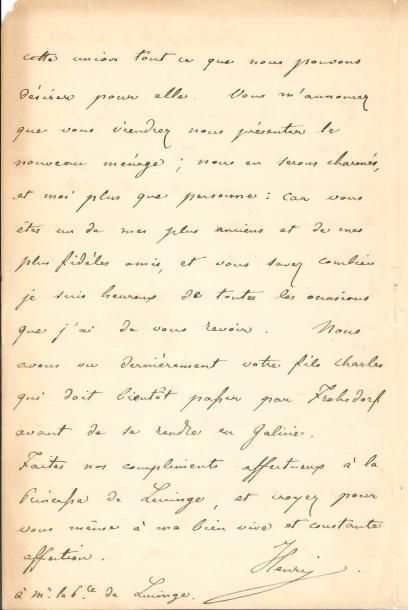 null HENRI V, comte de CHAMBORD. L.A.S., Frohsdorf 9 mai 1853, au Prince de Lucinge ;...
