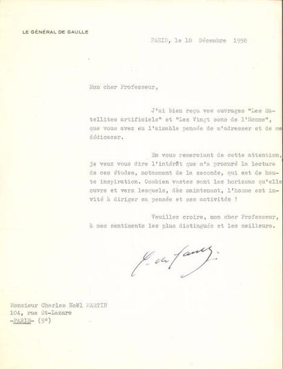 null Charles de GAULLE. L.S., Paris 18 décembre 1958, au physicien Charles Noël Martin ;...