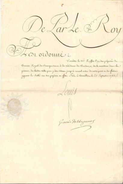 null Lettre de cachet. L.S. de Louis XVI (secrétaire), Versailles 21 septembre 1783 ;...
