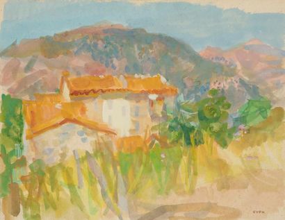 null Jean Even (1910-1986) 
Paysage d’Auvergne. Aquarelle sur vélin, 652 x 495, collé...
