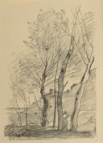 null Jean-Baptiste Camille Corot (1796-1875) 
La Lecture sous les arbres. 1874. Autographie....