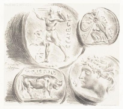 null Eugène Delacroix (1798-1863) 
Feuille de quatre médailles antiques. 1825. Lithographie....