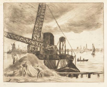 null Maximilien Luce (1858-1941) 
La Drague (port de Rotterdam). Vers 1895. Pointe...
