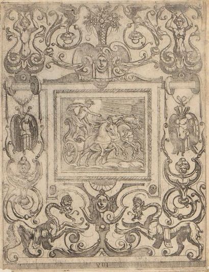 null Antonio Tempesta (1555-1630)
Ornement de grotesques avec char d’Apollon. Eau-forte....
