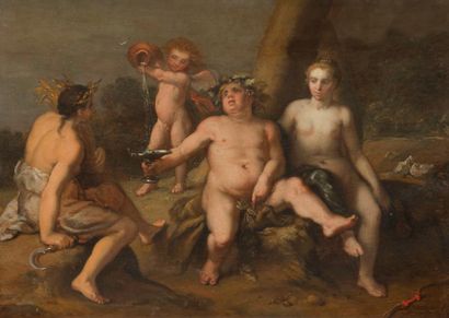 null École HOLLANDAISE vers 1700, SCHÜTZ (?)***
L’ivresse de Bacchus
Panneau de chêne,...