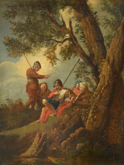 null École ROMAINE vers 1700,
suiveur d’Andrea LOCATELLI
Soldats sous un arbre 
Toile...