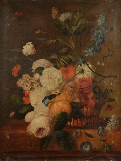 null École HOLLANDAISE vers 1820
Corbeille de fleurs sur un entablement
Toile
43...