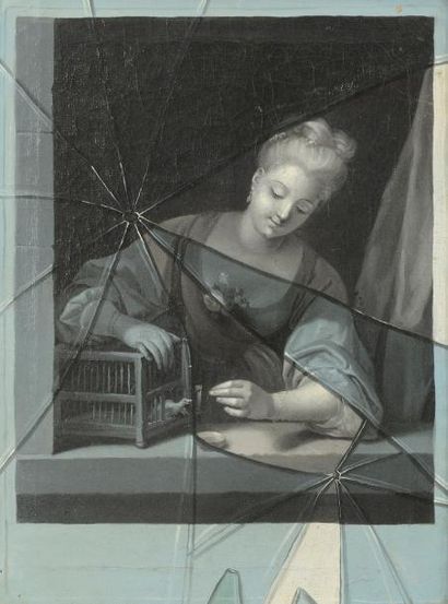 null Attribué à Gaspard GRESLY (1712-1756)
Jeune femme à la cage aux oiseaux en trompe-l’œil...